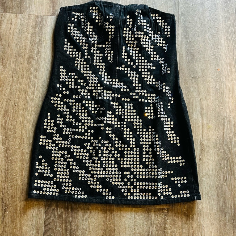 Mini Black Strapless Dress with Silver Studs